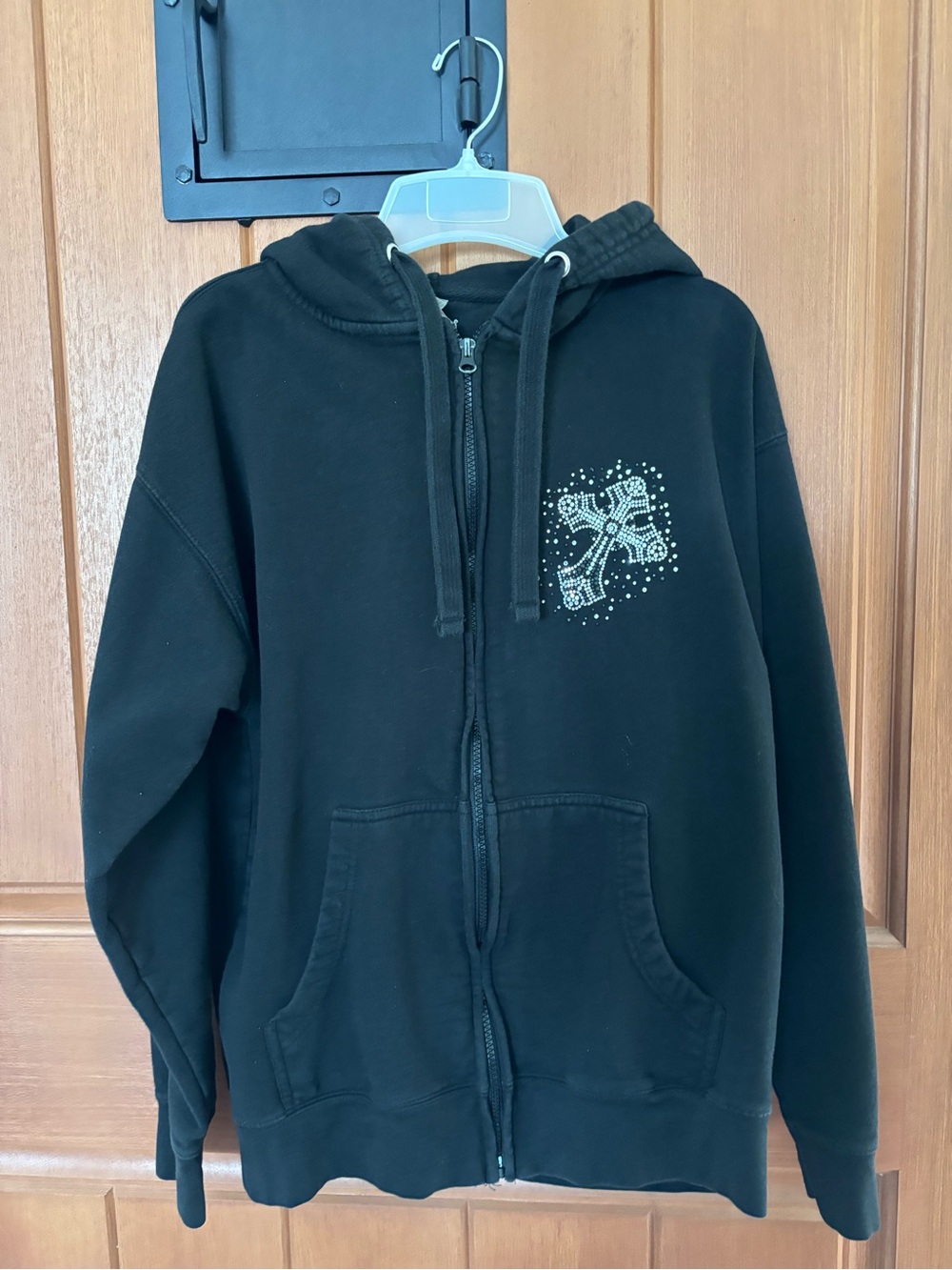 Gildan Black Zip-Up Hoodie with Rhinestone Cross Detail